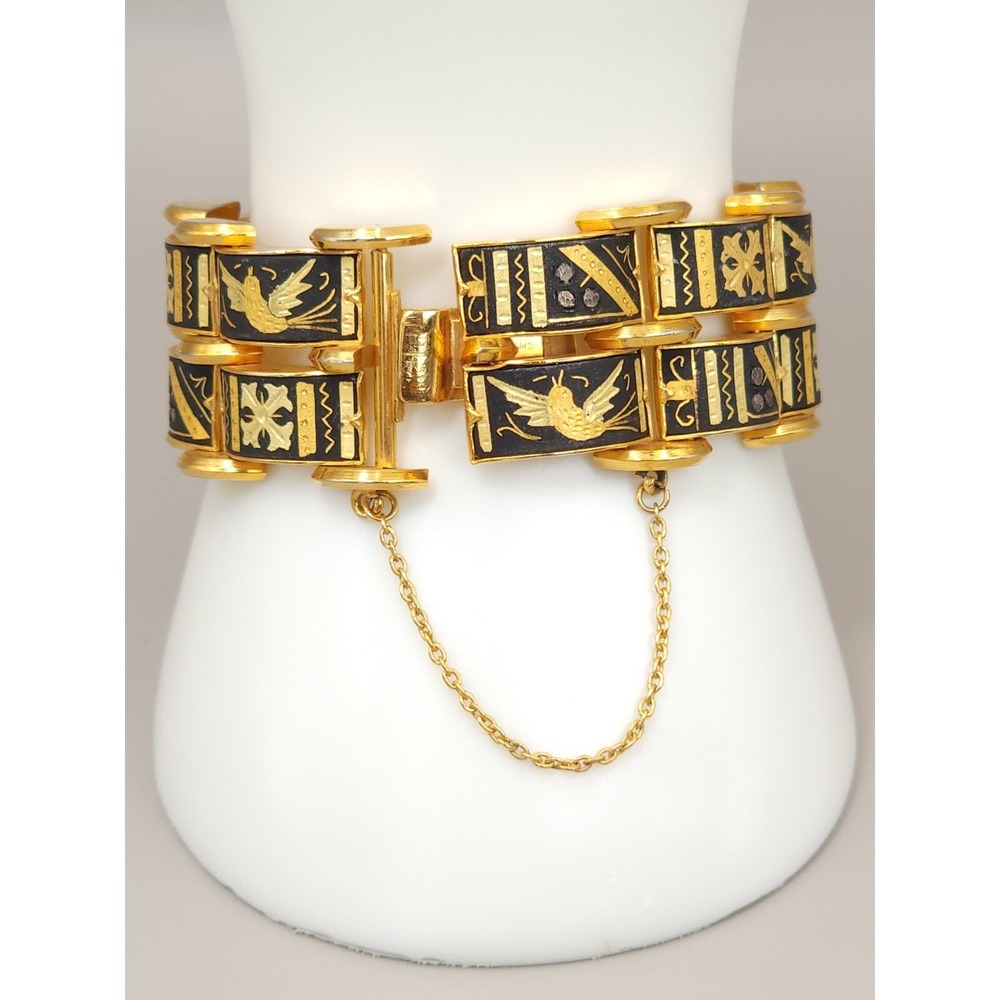 1 Inch Wide Damascene Gold Black Panel Link Bracelet Multi Row 6.5" Safety Bird - Picture 4 of 11